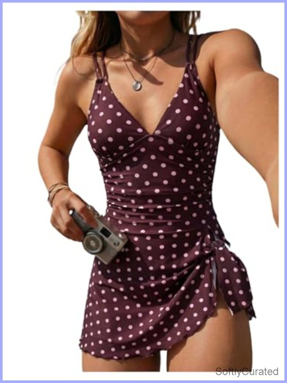 Polka Dot One Piece Swimsuit Tummy Control V Neck Crisscross Back